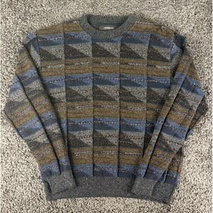 Vintage Croft & Barrow Mens Large Geometric Knit Sweater Blue Brown 90s Pullover